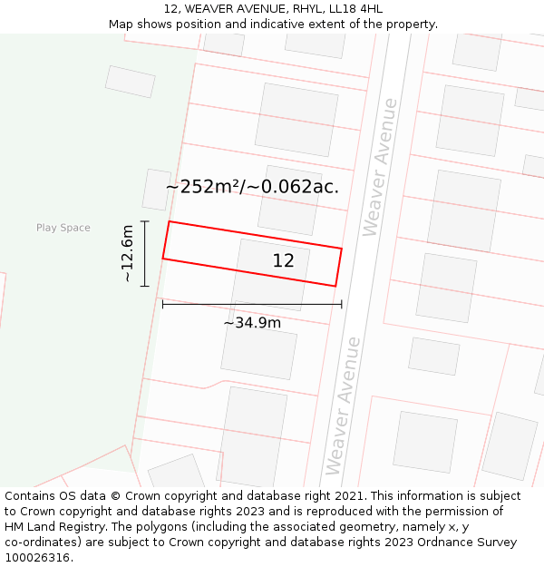 12, WEAVER AVENUE, RHYL, LL18 4HL: Plot and title map