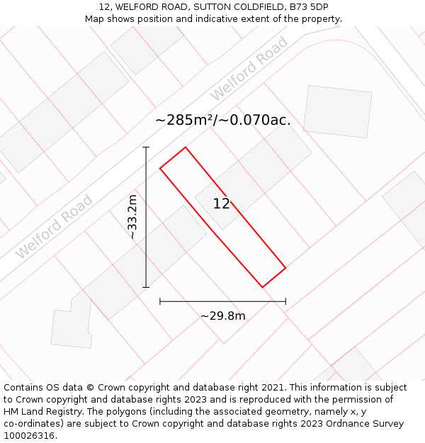 12, WELFORD ROAD, SUTTON COLDFIELD, B73 5DP: Plot and title map