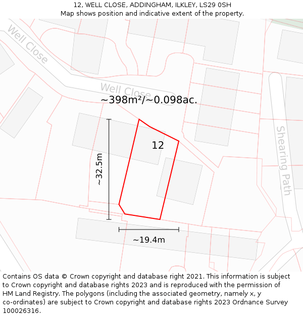 12, WELL CLOSE, ADDINGHAM, ILKLEY, LS29 0SH: Plot and title map