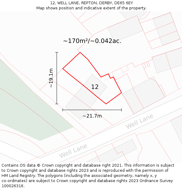 12, WELL LANE, REPTON, DERBY, DE65 6EY: Plot and title map