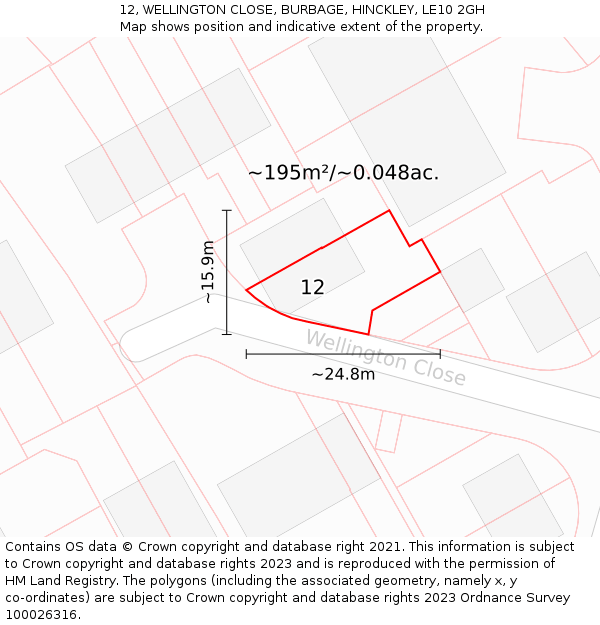 12, WELLINGTON CLOSE, BURBAGE, HINCKLEY, LE10 2GH: Plot and title map