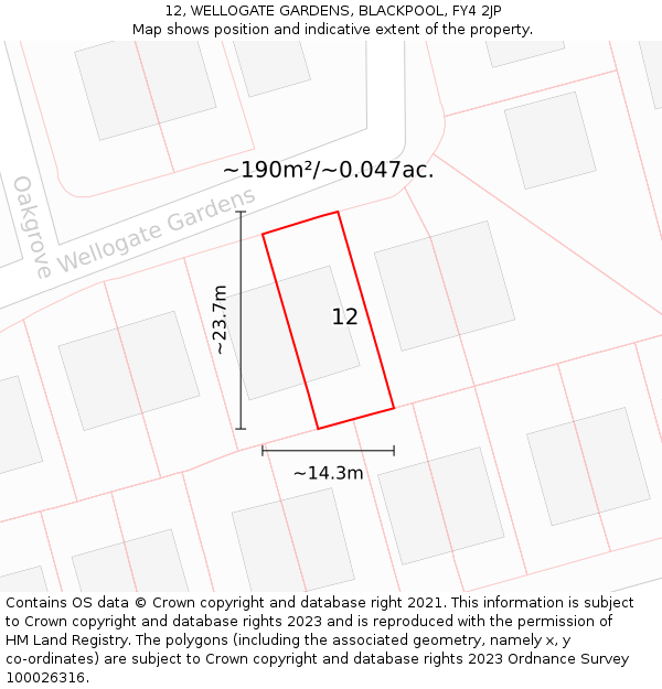 12, WELLOGATE GARDENS, BLACKPOOL, FY4 2JP: Plot and title map