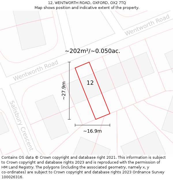 12, WENTWORTH ROAD, OXFORD, OX2 7TQ: Plot and title map