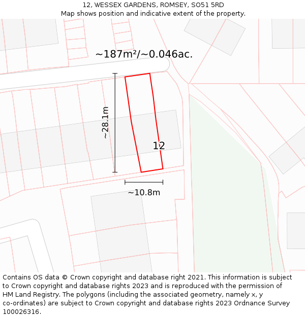 12, WESSEX GARDENS, ROMSEY, SO51 5RD: Plot and title map