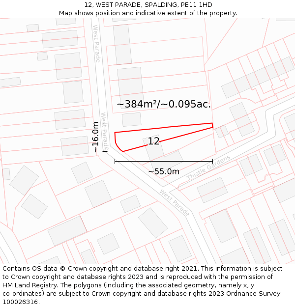 12, WEST PARADE, SPALDING, PE11 1HD: Plot and title map