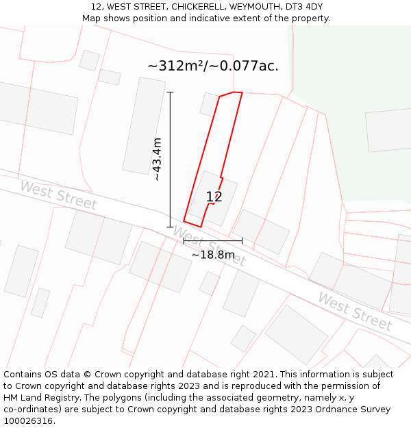 12, WEST STREET, CHICKERELL, WEYMOUTH, DT3 4DY: Plot and title map