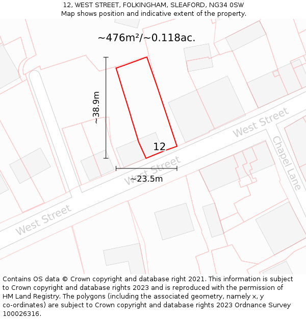 12, WEST STREET, FOLKINGHAM, SLEAFORD, NG34 0SW: Plot and title map