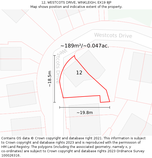 12, WESTCOTS DRIVE, WINKLEIGH, EX19 8JP: Plot and title map