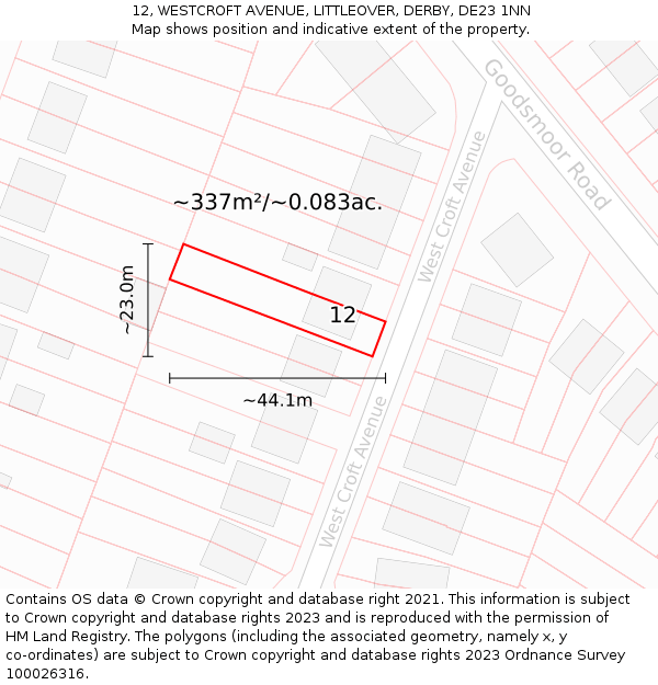 12, WESTCROFT AVENUE, LITTLEOVER, DERBY, DE23 1NN: Plot and title map