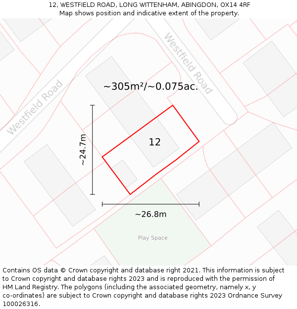 12, WESTFIELD ROAD, LONG WITTENHAM, ABINGDON, OX14 4RF: Plot and title map
