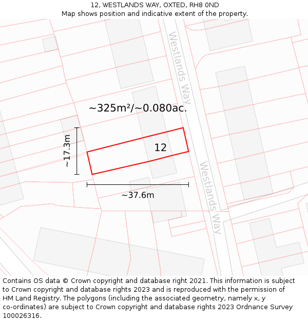 12, WESTLANDS WAY, OXTED, RH8 0ND: Plot and title map