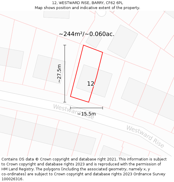 12, WESTWARD RISE, BARRY, CF62 6PL: Plot and title map