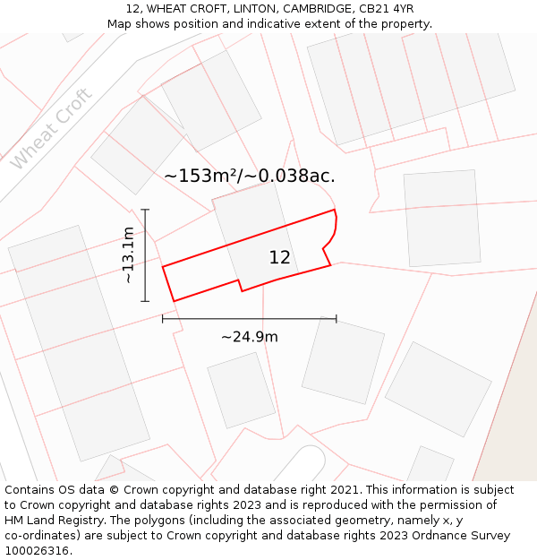 12, WHEAT CROFT, LINTON, CAMBRIDGE, CB21 4YR: Plot and title map