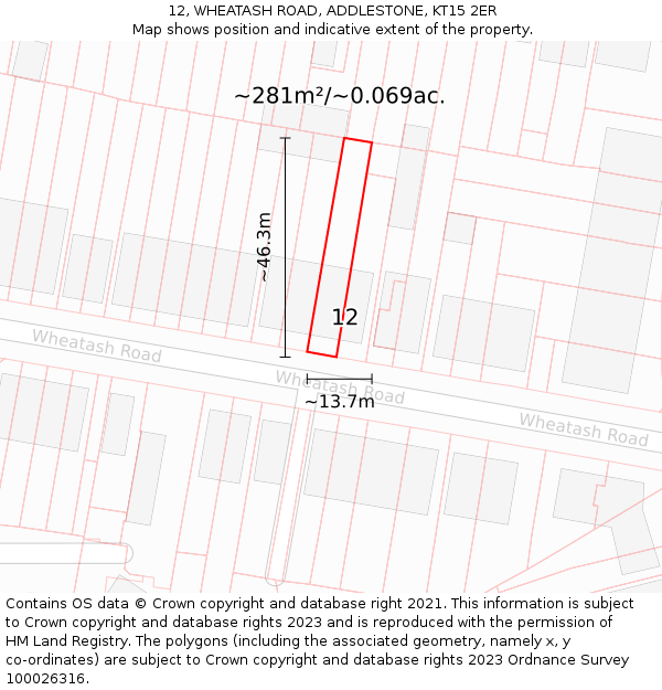 12, WHEATASH ROAD, ADDLESTONE, KT15 2ER: Plot and title map