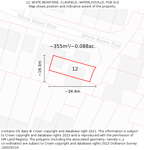 12, WHITE BEAM RISE, CLANFIELD, WATERLOOVILLE, PO8 0LQ: Plot and title map