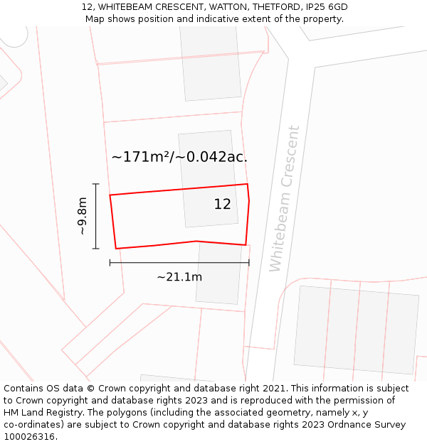 12, WHITEBEAM CRESCENT, WATTON, THETFORD, IP25 6GD: Plot and title map