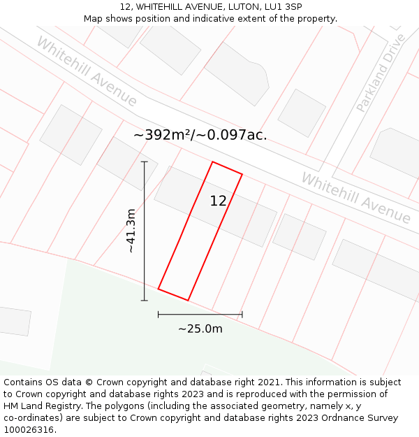 12, WHITEHILL AVENUE, LUTON, LU1 3SP: Plot and title map