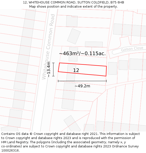 12, WHITEHOUSE COMMON ROAD, SUTTON COLDFIELD, B75 6HB: Plot and title map