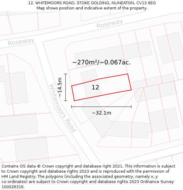 12, WHITEMOORS ROAD, STOKE GOLDING, NUNEATON, CV13 6EG: Plot and title map
