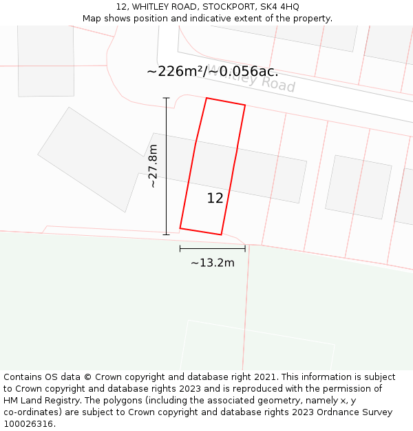 12, WHITLEY ROAD, STOCKPORT, SK4 4HQ: Plot and title map