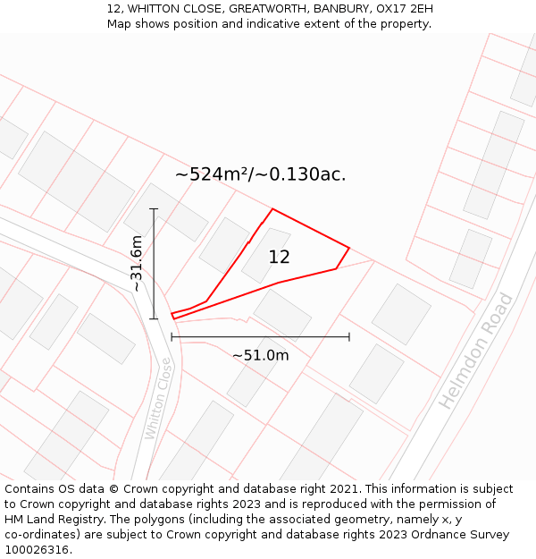 12, WHITTON CLOSE, GREATWORTH, BANBURY, OX17 2EH: Plot and title map