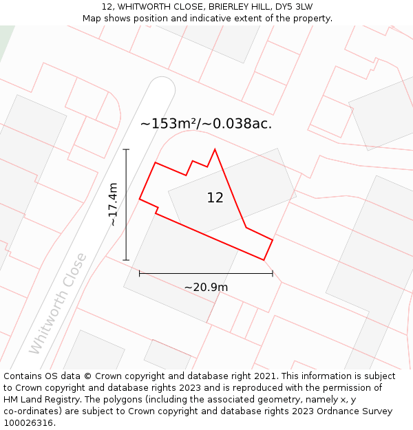 12, WHITWORTH CLOSE, BRIERLEY HILL, DY5 3LW: Plot and title map