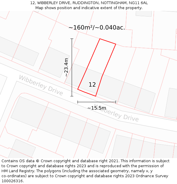 12, WIBBERLEY DRIVE, RUDDINGTON, NOTTINGHAM, NG11 6AL: Plot and title map