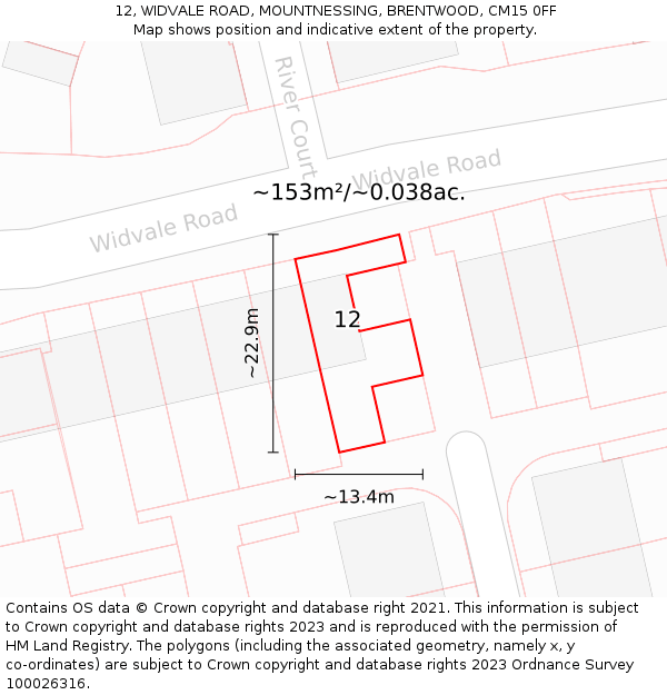 12, WIDVALE ROAD, MOUNTNESSING, BRENTWOOD, CM15 0FF: Plot and title map