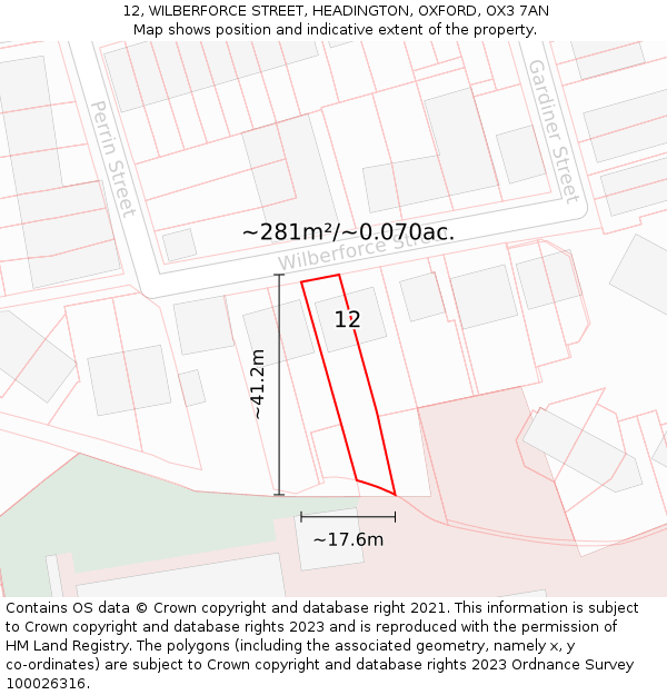 12, WILBERFORCE STREET, HEADINGTON, OXFORD, OX3 7AN: Plot and title map