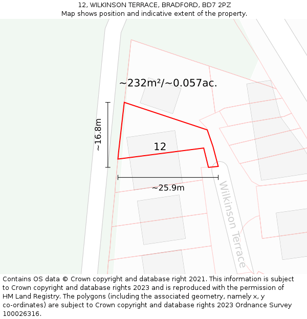 12, WILKINSON TERRACE, BRADFORD, BD7 2PZ: Plot and title map
