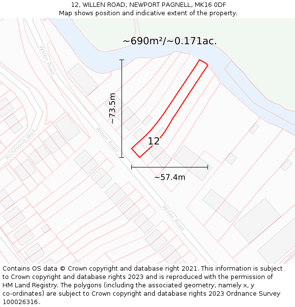 12, WILLEN ROAD, NEWPORT PAGNELL, MK16 0DF: Plot and title map