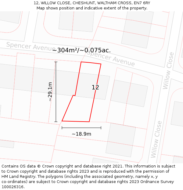 12, WILLOW CLOSE, CHESHUNT, WALTHAM CROSS, EN7 6RY: Plot and title map