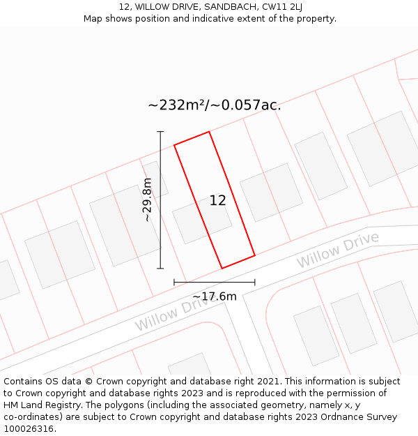 12, WILLOW DRIVE, SANDBACH, CW11 2LJ: Plot and title map