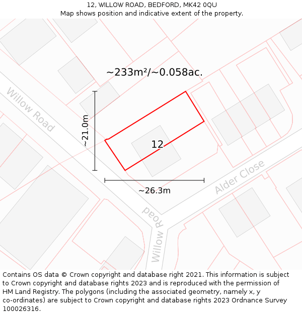 12, WILLOW ROAD, BEDFORD, MK42 0QU: Plot and title map