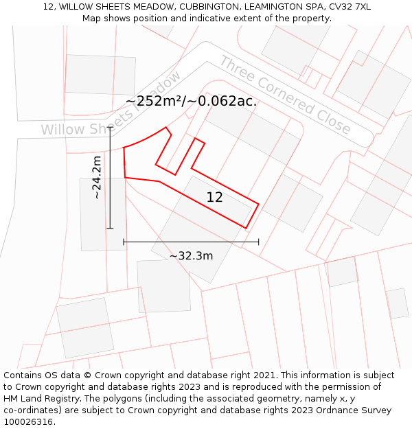 12, WILLOW SHEETS MEADOW, CUBBINGTON, LEAMINGTON SPA, CV32 7XL: Plot and title map