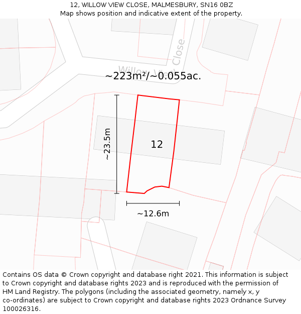 12, WILLOW VIEW CLOSE, MALMESBURY, SN16 0BZ: Plot and title map