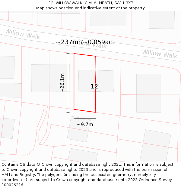 12, WILLOW WALK, CIMLA, NEATH, SA11 3XB: Plot and title map