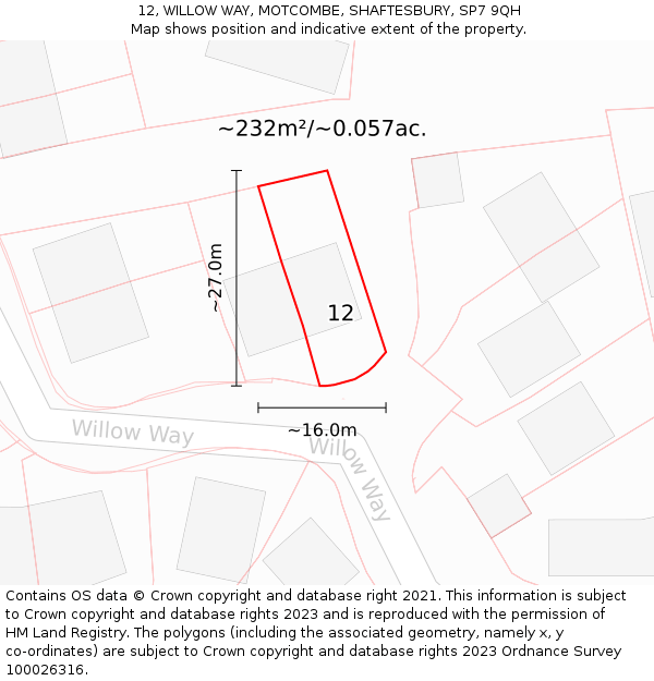 12, WILLOW WAY, MOTCOMBE, SHAFTESBURY, SP7 9QH: Plot and title map