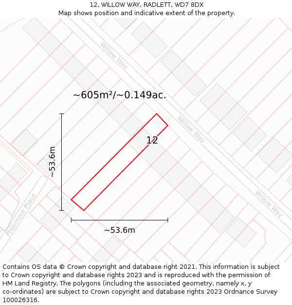 12, WILLOW WAY, RADLETT, WD7 8DX: Plot and title map