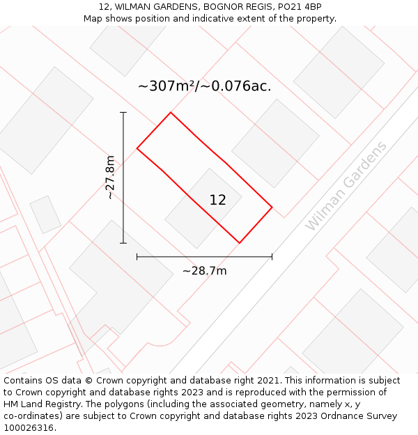 12, WILMAN GARDENS, BOGNOR REGIS, PO21 4BP: Plot and title map