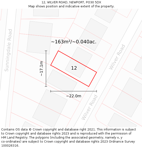 12, WILVER ROAD, NEWPORT, PO30 5DX: Plot and title map