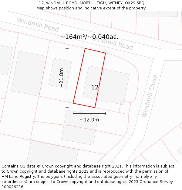 12, WINDMILL ROAD, NORTH LEIGH, WITNEY, OX29 6RQ: Plot and title map