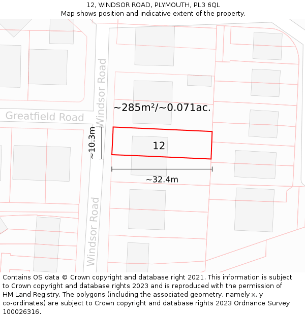 12, WINDSOR ROAD, PLYMOUTH, PL3 6QL: Plot and title map