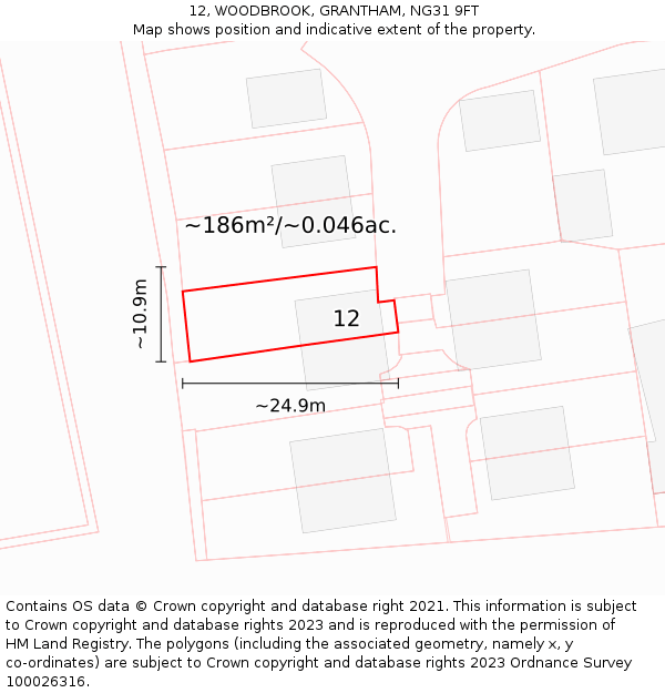 12, WOODBROOK, GRANTHAM, NG31 9FT: Plot and title map