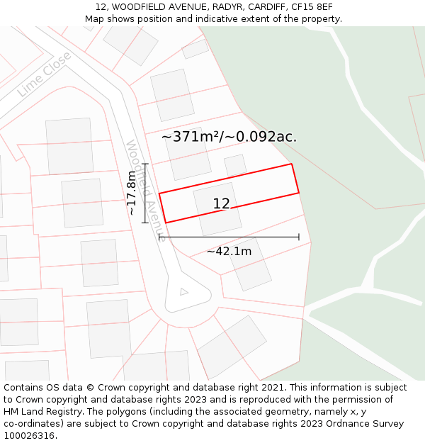 12, WOODFIELD AVENUE, RADYR, CARDIFF, CF15 8EF: Plot and title map