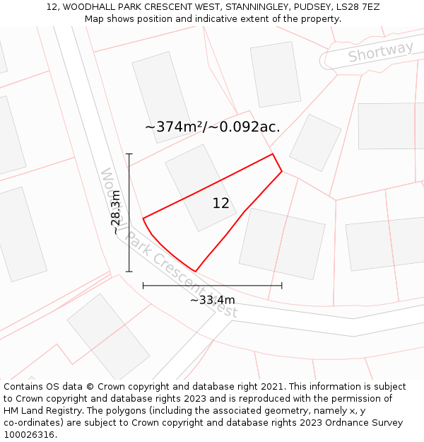 12, WOODHALL PARK CRESCENT WEST, STANNINGLEY, PUDSEY, LS28 7EZ: Plot and title map