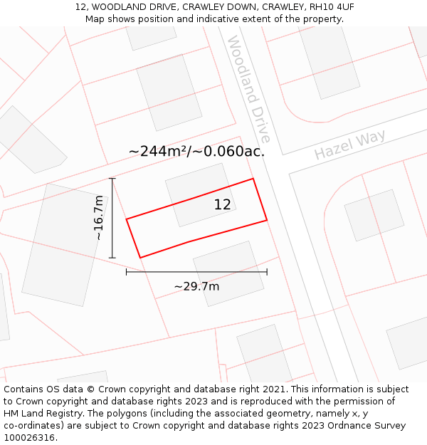 12, WOODLAND DRIVE, CRAWLEY DOWN, CRAWLEY, RH10 4UF: Plot and title map