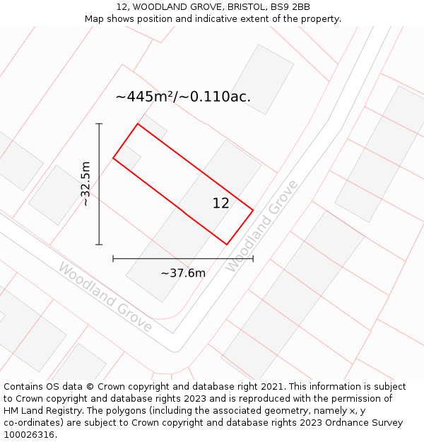 12, WOODLAND GROVE, BRISTOL, BS9 2BB: Plot and title map