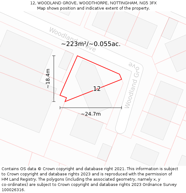 12, WOODLAND GROVE, WOODTHORPE, NOTTINGHAM, NG5 3FX: Plot and title map