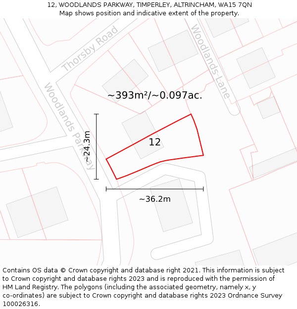 12, WOODLANDS PARKWAY, TIMPERLEY, ALTRINCHAM, WA15 7QN: Plot and title map